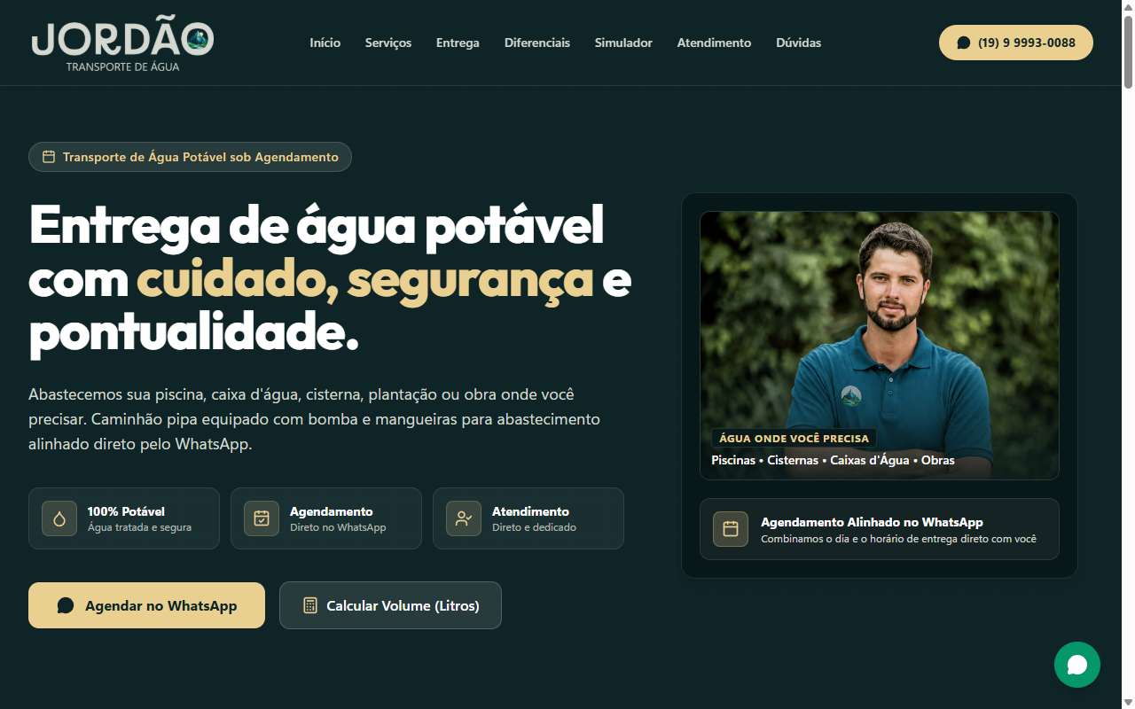 Landing Page Jordão Transporte de Água no ar